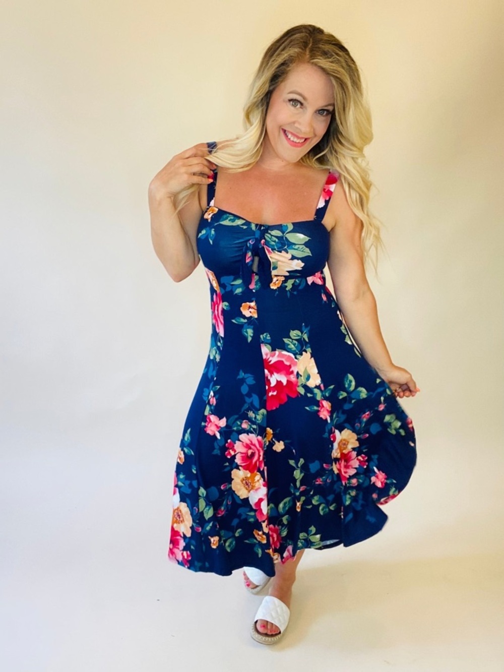 Floral Navy Blue Sundress with Tie Front